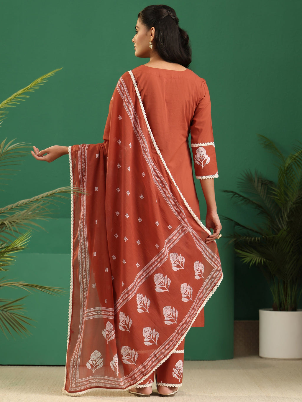 sanjhshringar Burnt Orange Floral Printed Cotton Straight Suit Set