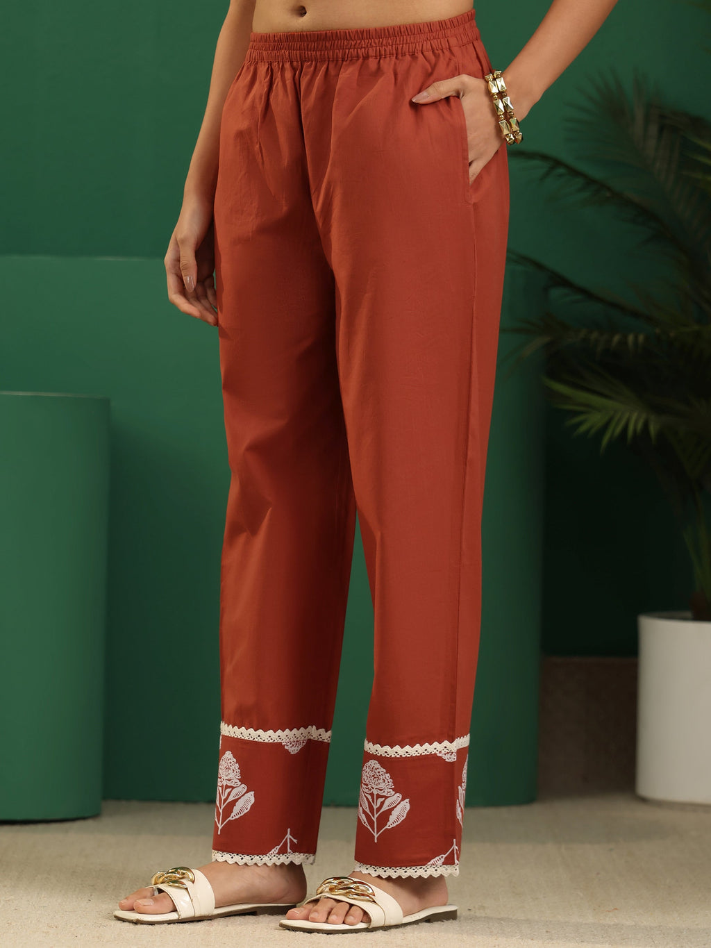 sanjhshringar Burnt Orange Floral Printed Cotton Straight Suit Set