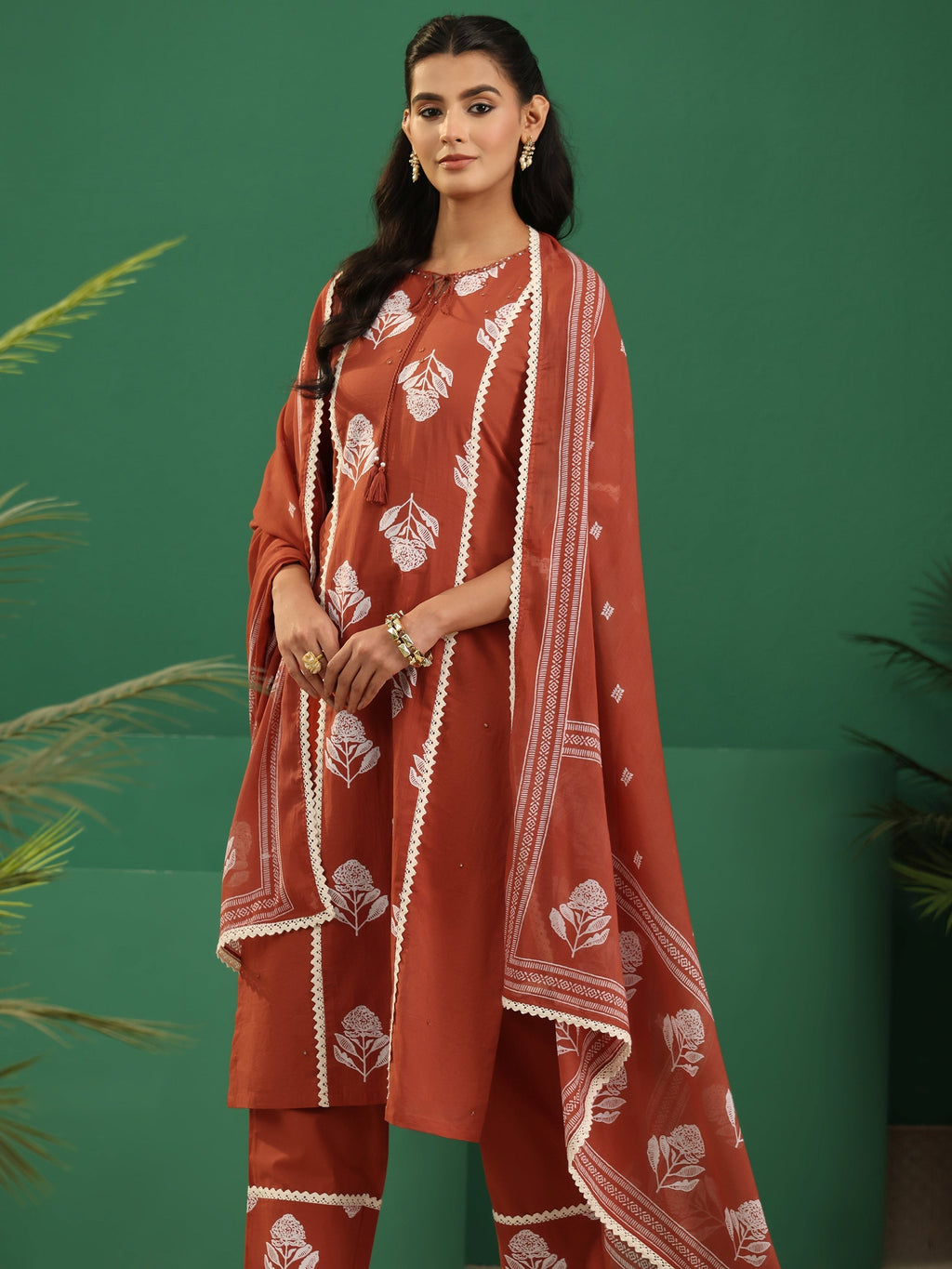 sanjhshringar Burnt Orange Floral Printed Cotton Straight Suit Set