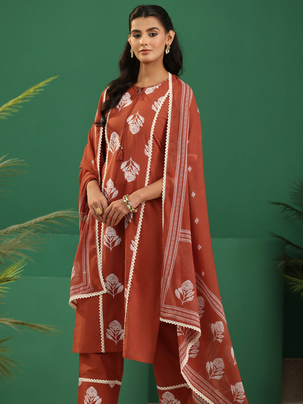 sanjhshringar Burnt Orange Floral Printed Cotton Straight Suit Set