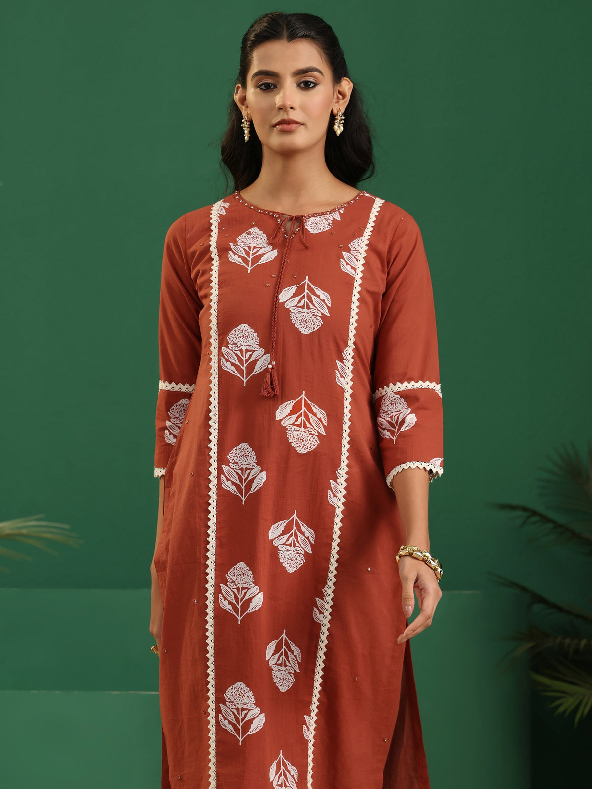 sanjhshringar Burnt Orange Floral Printed Cotton Straight Suit Set