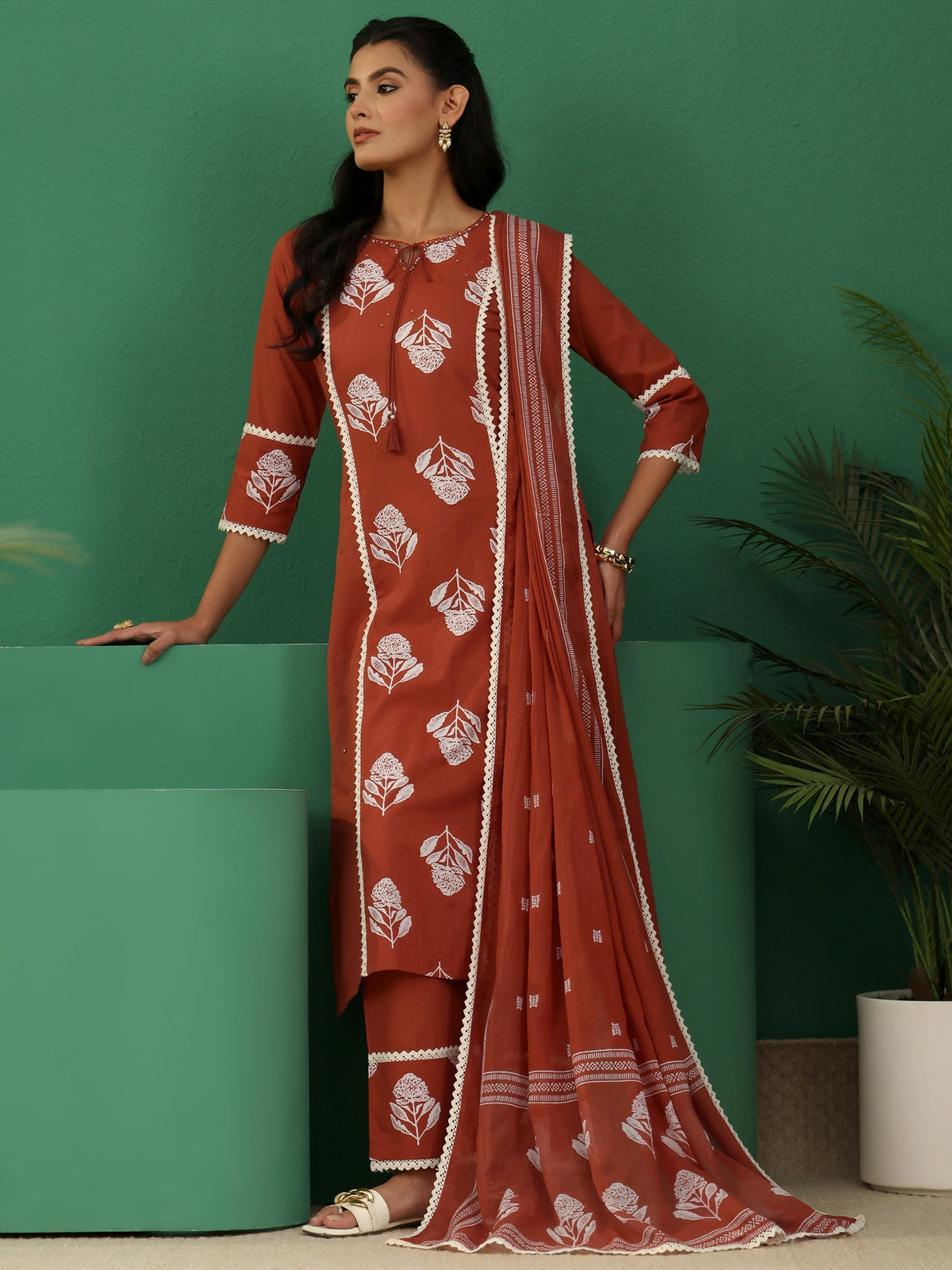 sanjhshringar Burnt Orange Floral Printed Cotton Straight Suit Set