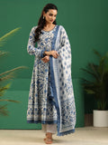 sanjhshringar White Floral Printed Cotton Anarkali Suit Set
