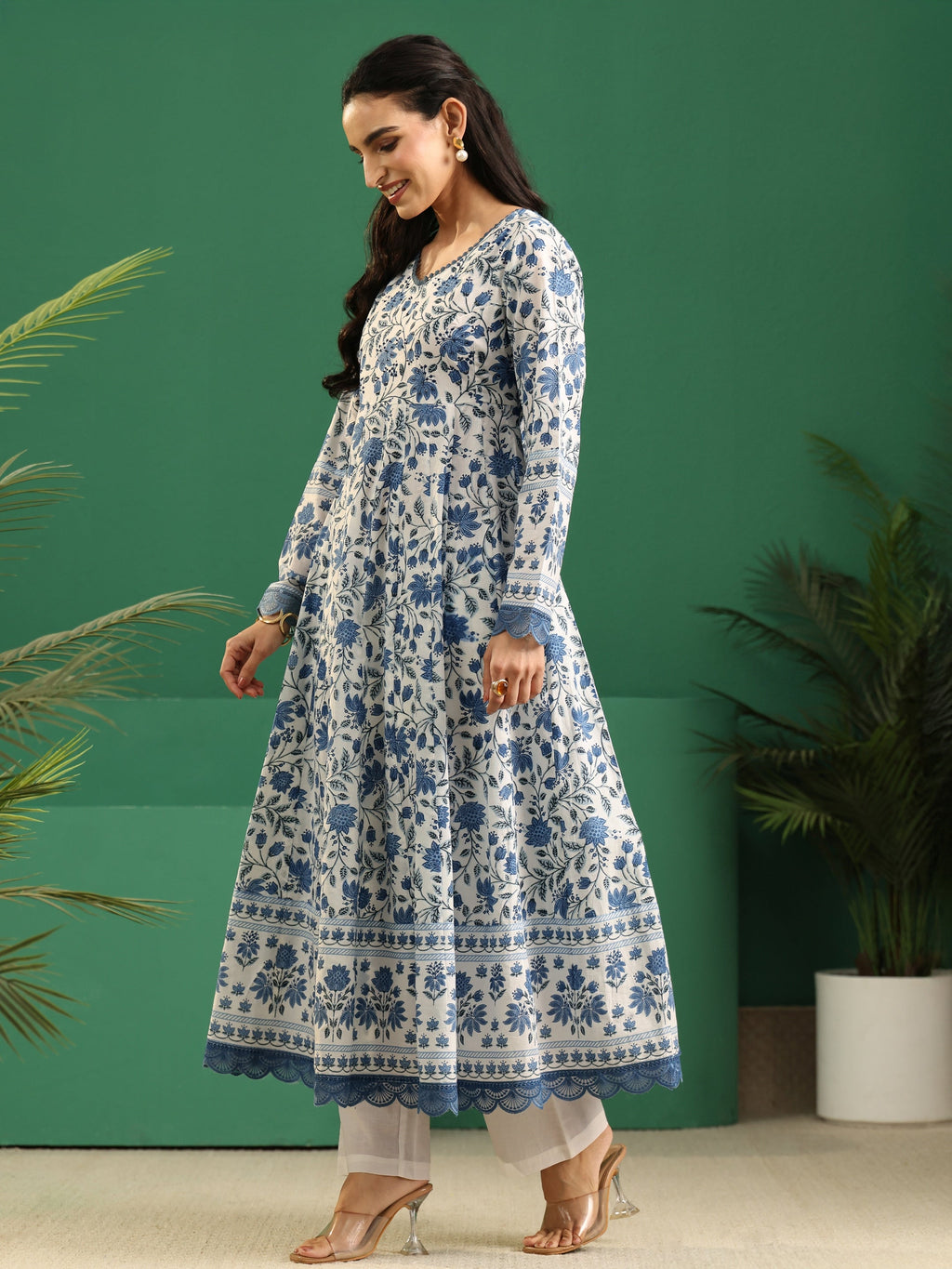 sanjhshringar White Floral Printed Cotton Anarkali Suit Set