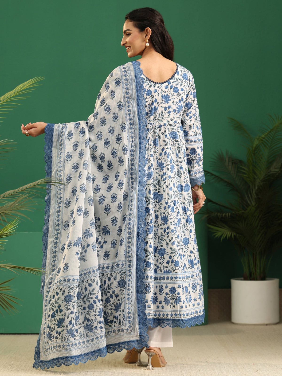 sanjhshringar White Floral Printed Cotton Anarkali Suit Set