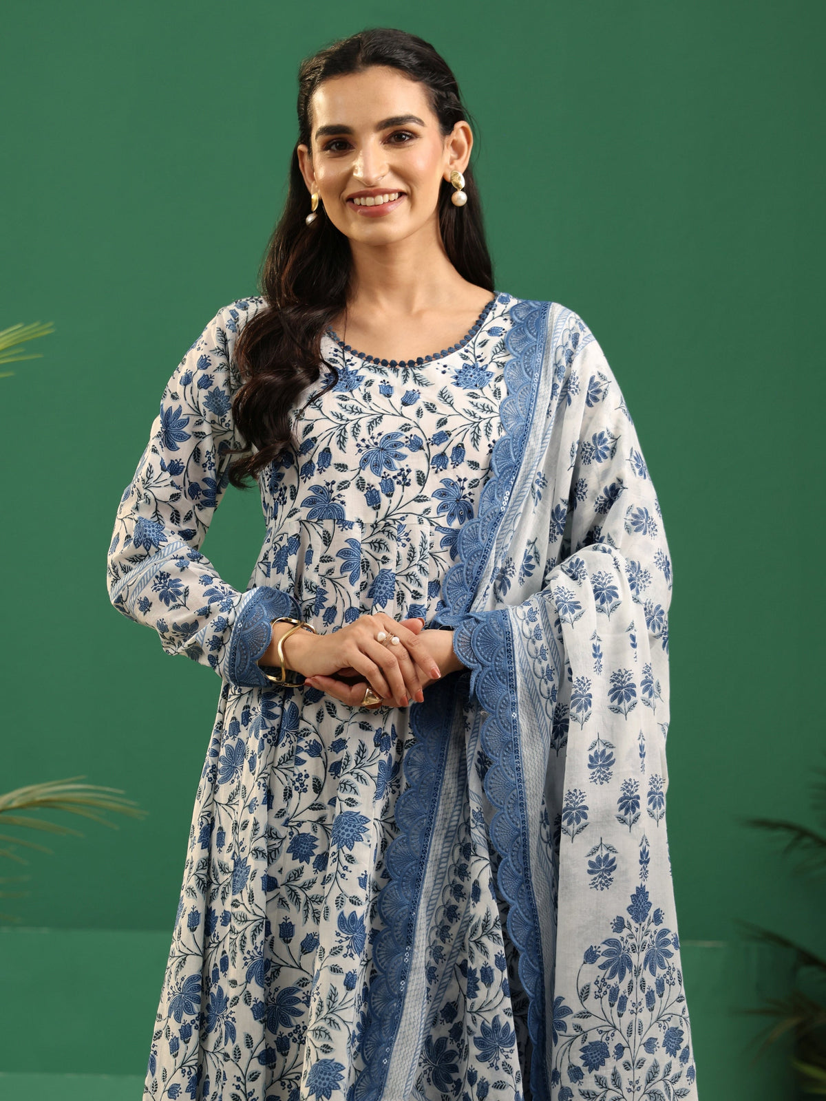 sanjhshringar White Floral Printed Cotton Anarkali Suit Set