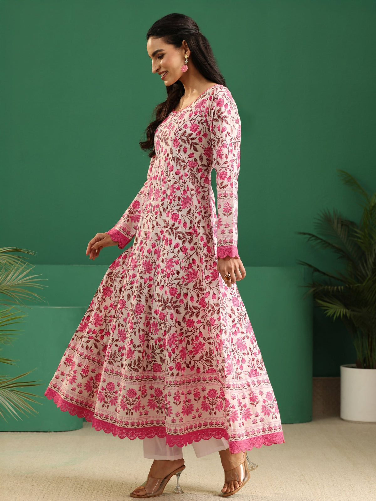 sanjhshringar Cream Floral Printed Cotton Anarkali Suit Set