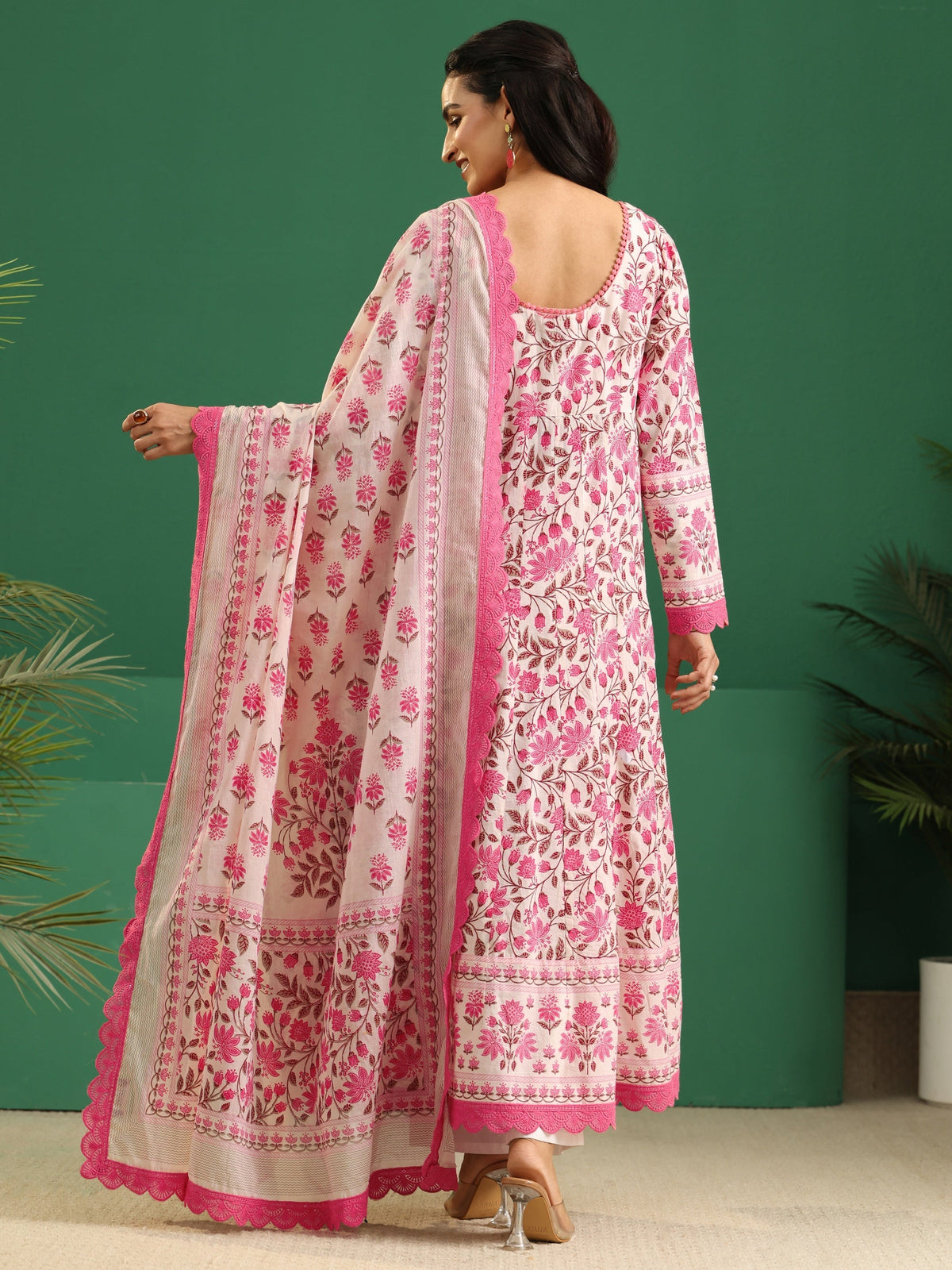 sanjhshringar Cream Floral Printed Cotton Anarkali Suit Set