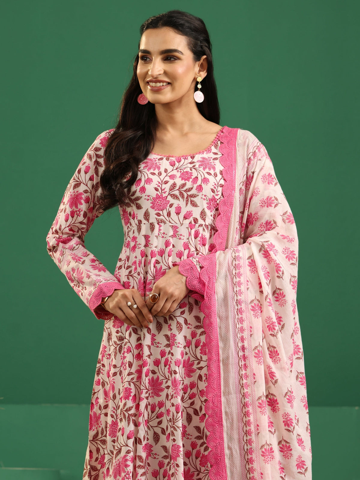 sanjhshringar Cream Floral Printed Cotton Anarkali Suit Set