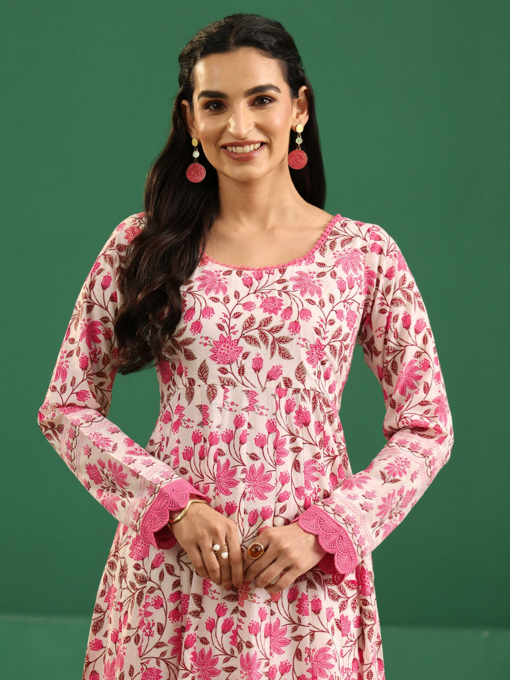 sanjhshringar Cream Floral Printed Cotton Anarkali Suit Set