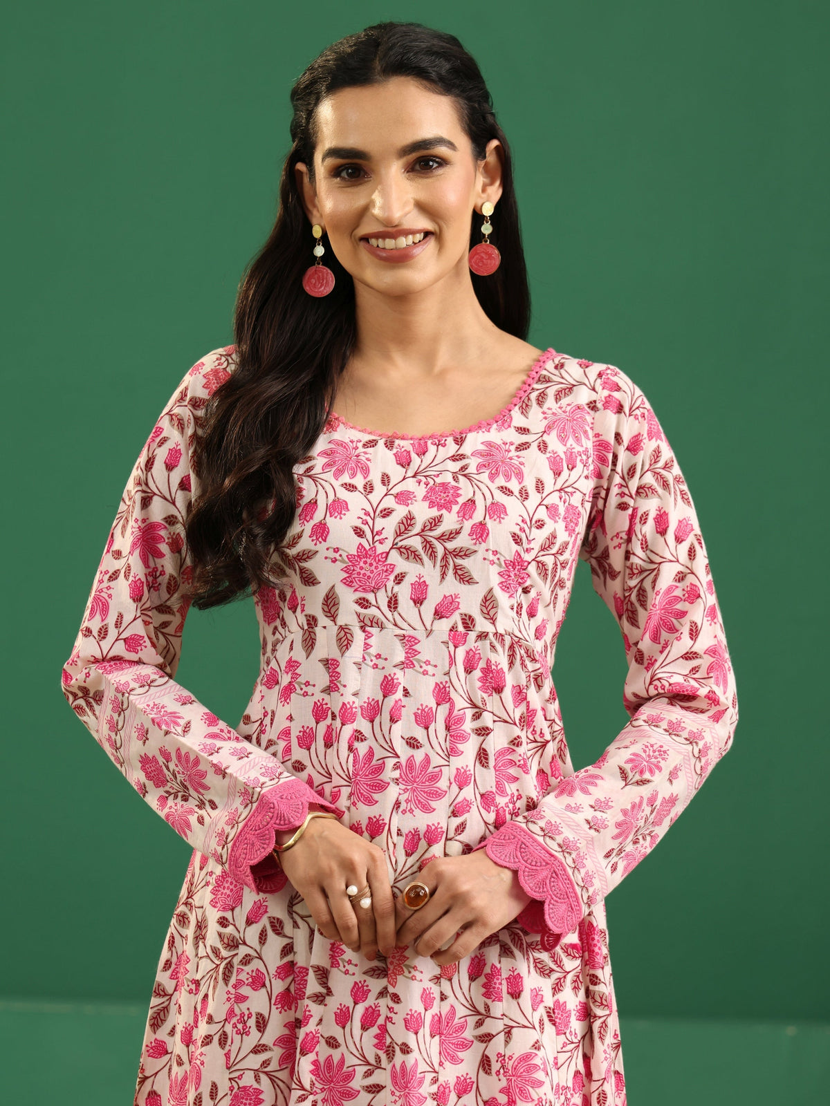 sanjhshringar Cream Floral Printed Cotton Anarkali Suit Set