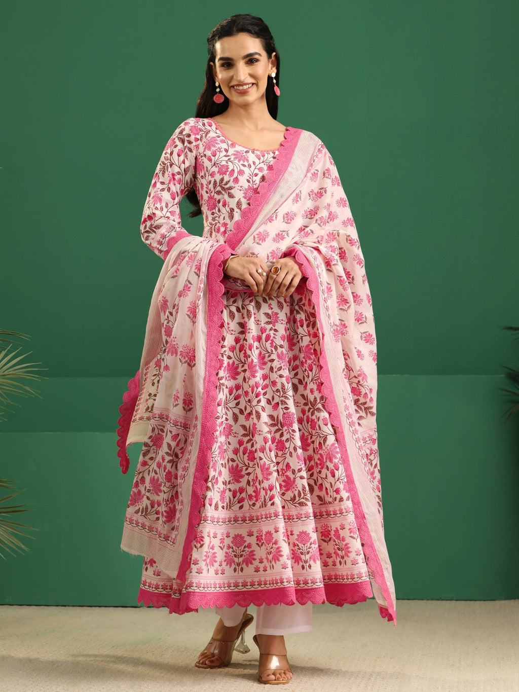 sanjhshringar Cream Floral Printed Cotton Anarkali Suit Set