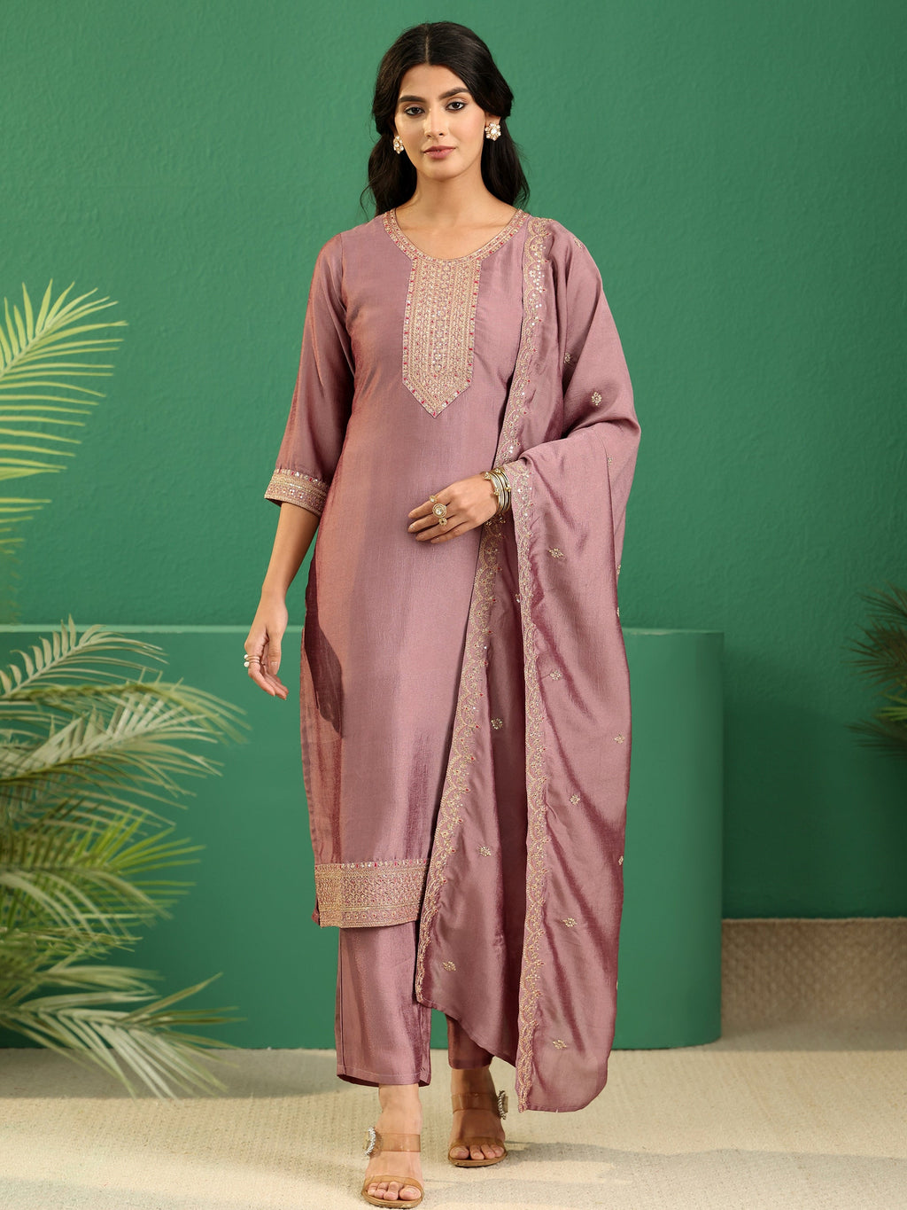 sanjhshringar Mauve Embellished Chanderi Silk Straight Suit Set