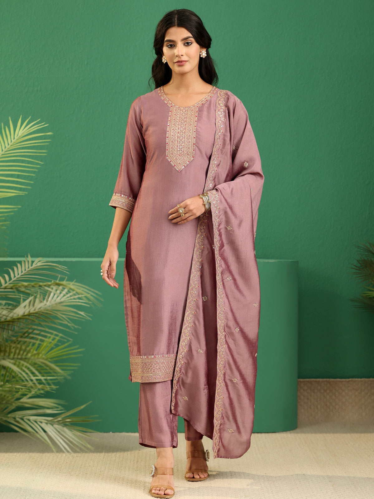sanjhshringar Mauve Embellished Chanderi Silk Straight Suit Set