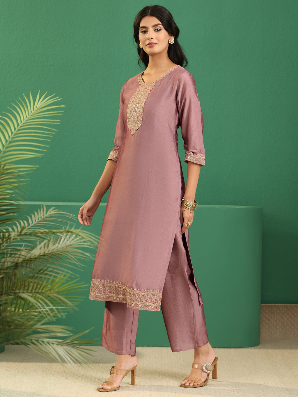 sanjhshringar Mauve Embellished Chanderi Silk Straight Suit Set