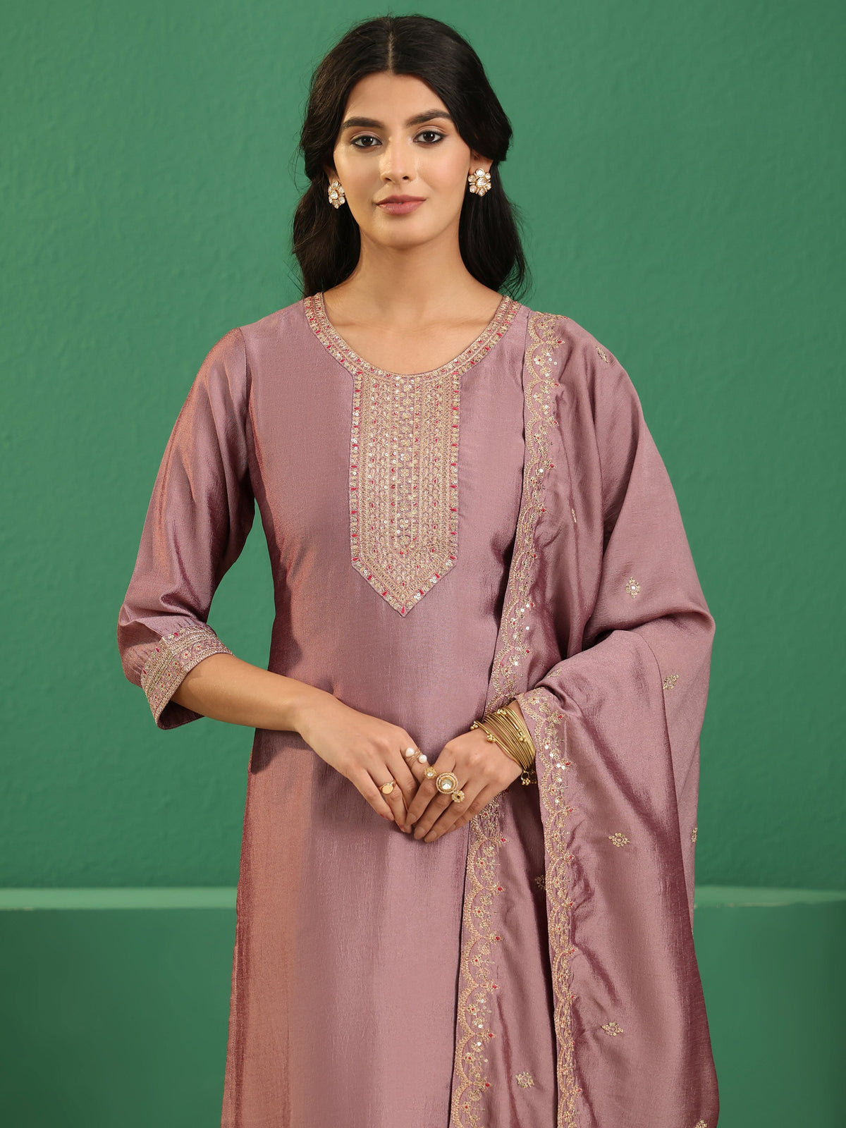 sanjhshringar Mauve Embellished Chanderi Silk Straight Suit Set