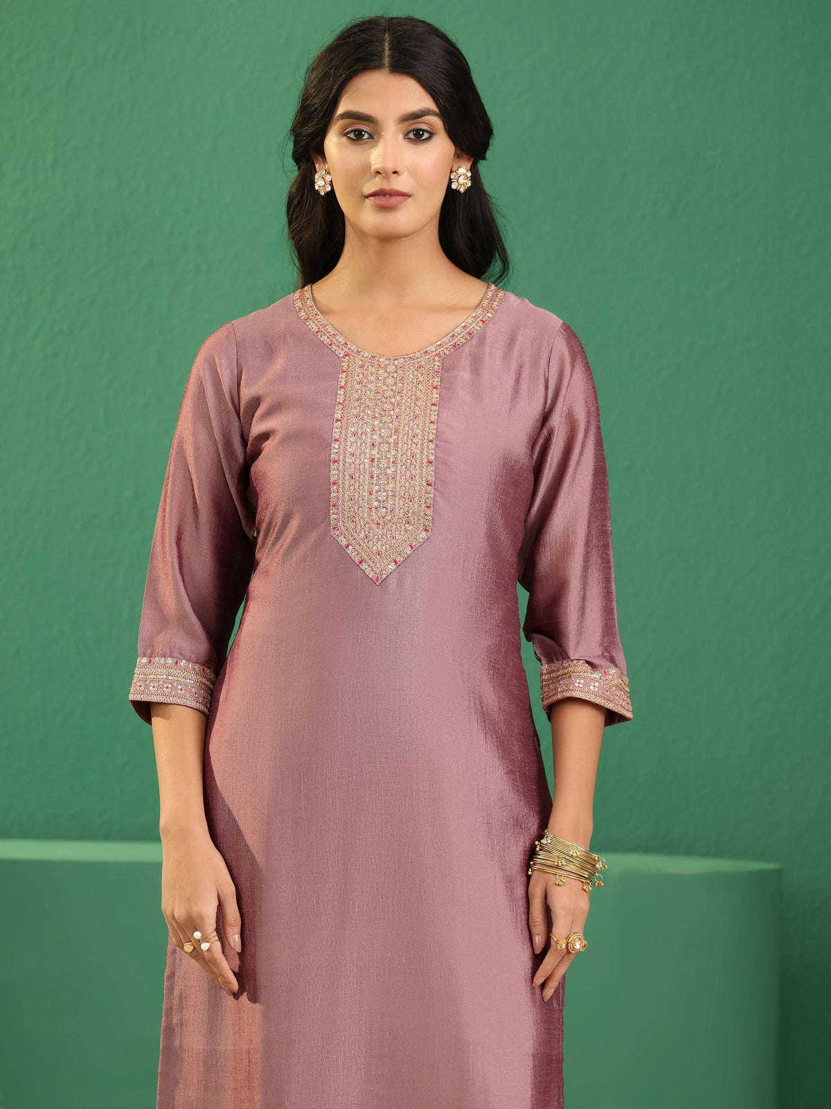 sanjhshringar Mauve Embellished Chanderi Silk Straight Suit Set