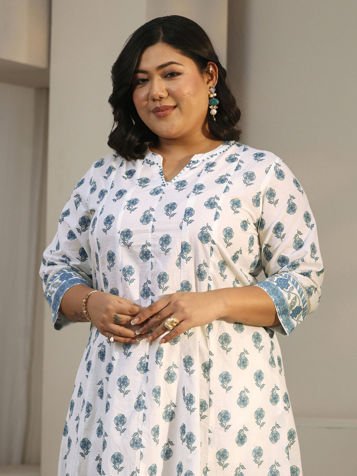Plus Size White Floral Printed Cotton Anarkali Suit Set
