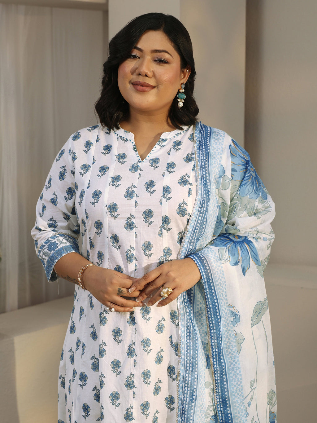 Plus Size White Floral Printed Cotton Anarkali Suit Set