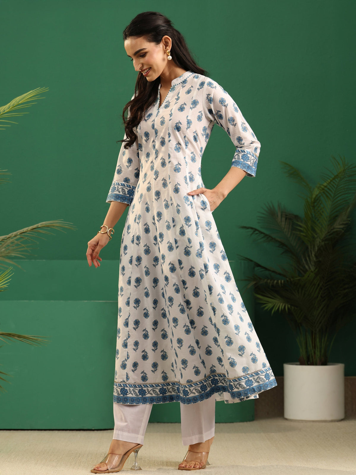 sanjhshringar White Floral Printed Cotton Anarkali Suit Set