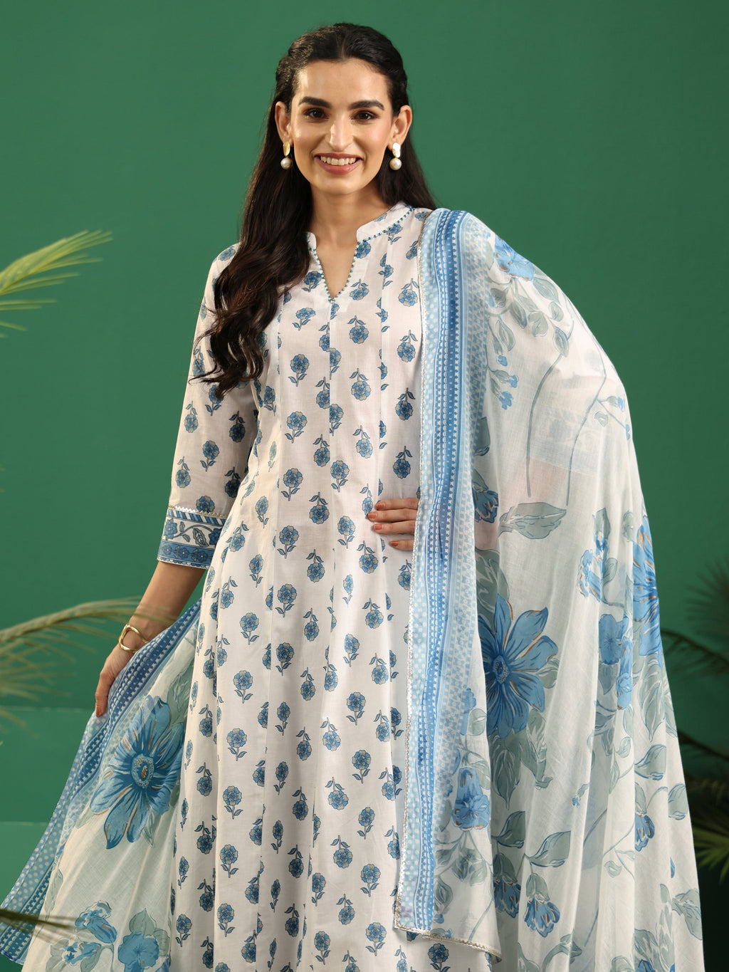sanjhshringar White Floral Printed Cotton Anarkali Suit Set