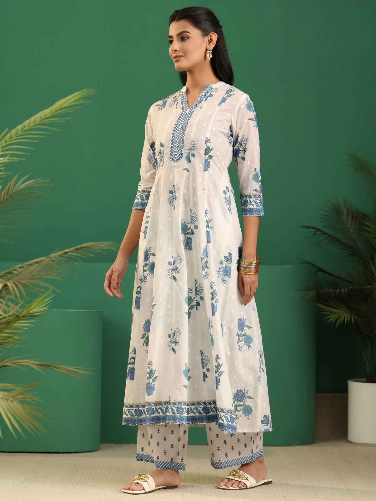 sanjhshringar White Floral Printed Cotton Anarakali Suit Set
