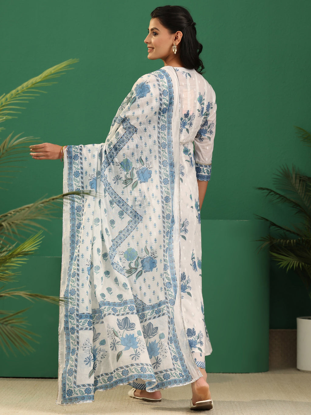 sanjhshringar White Floral Printed Cotton Anarakali Suit Set
