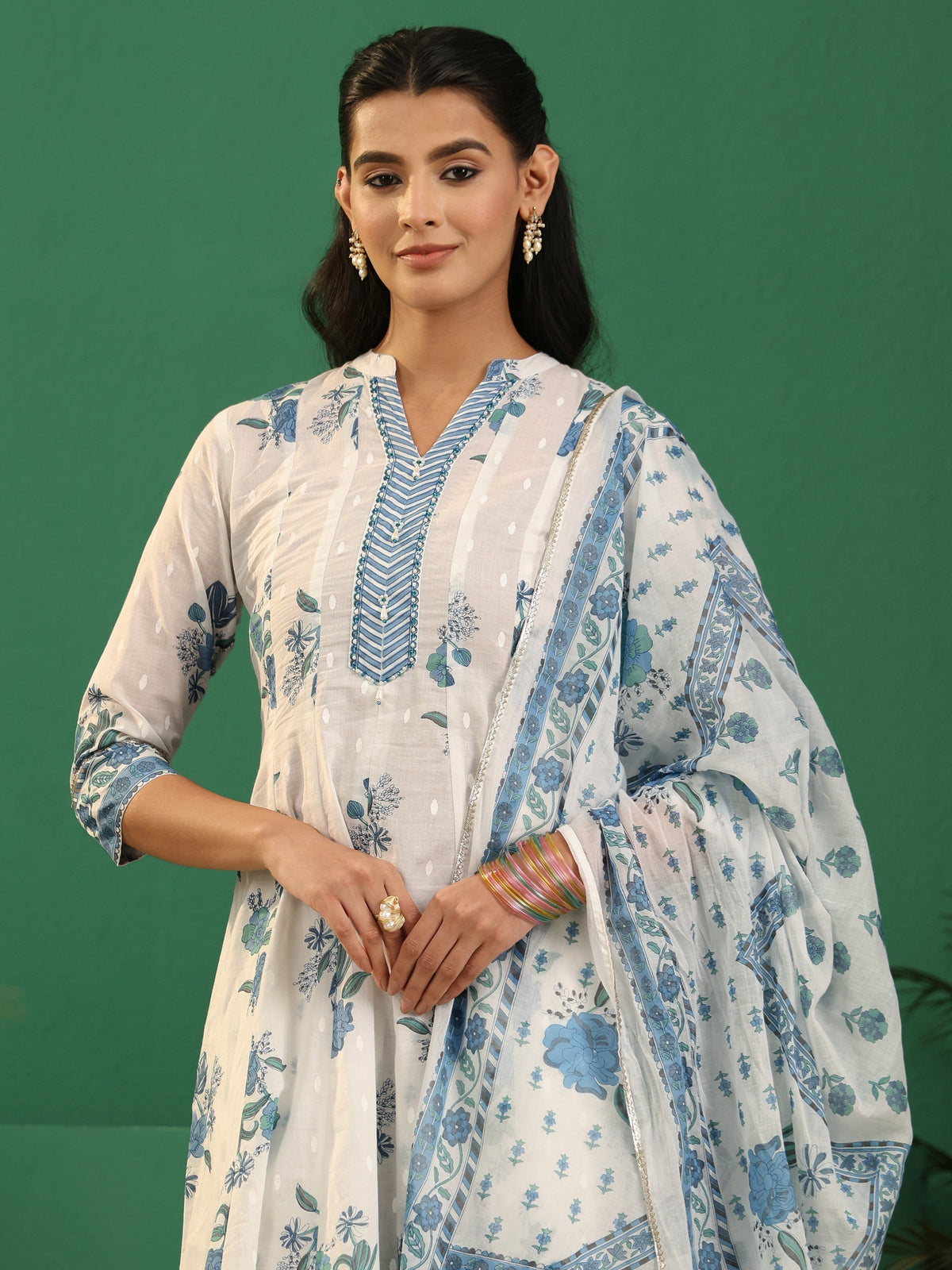 sanjhshringar White Floral Printed Cotton Anarakali Suit Set