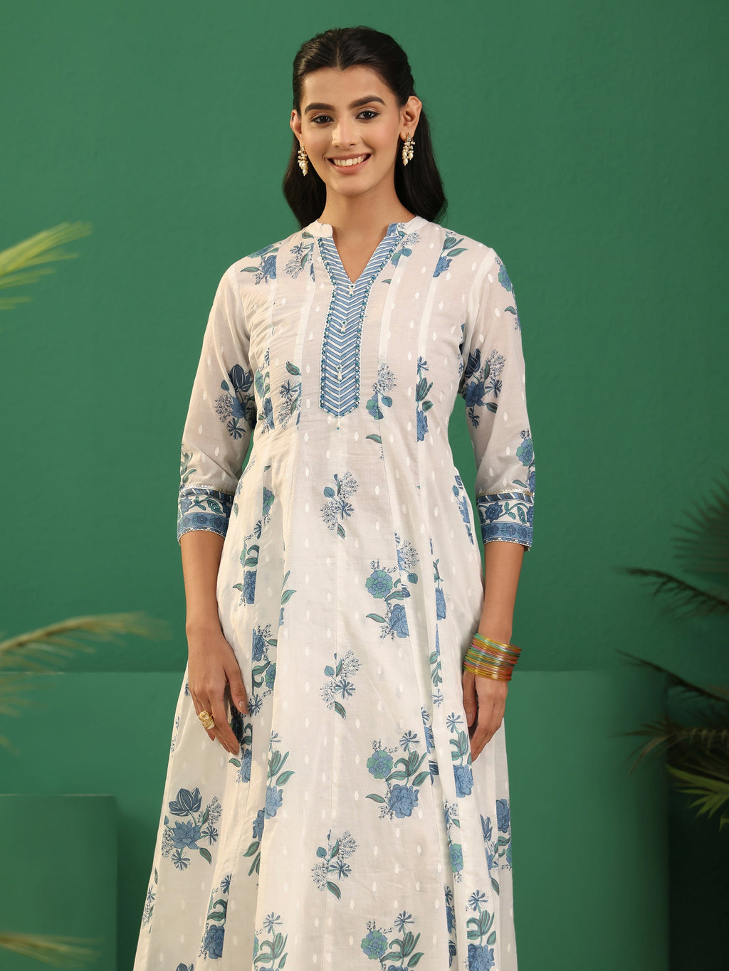 sanjhshringar White Floral Printed Cotton Anarakali Suit Set