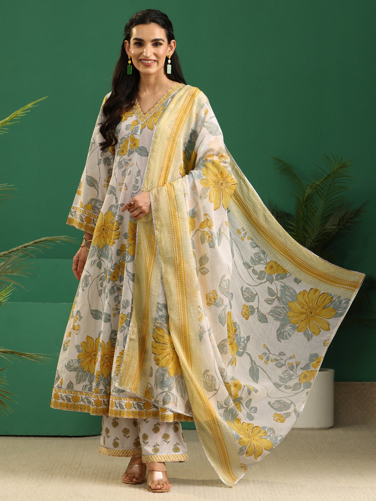 sanjhshringar White Floral Printed Cotton Anarkali Suit Set