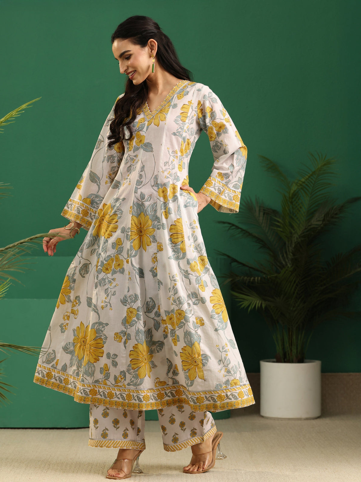 sanjhshringar White Floral Printed Cotton Anarkali Suit Set