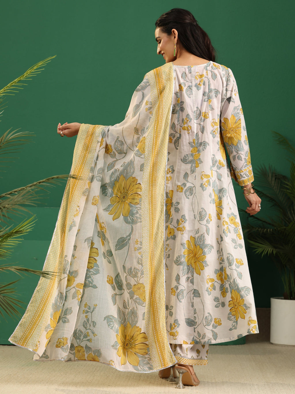 sanjhshringar White Floral Printed Cotton Anarkali Suit Set