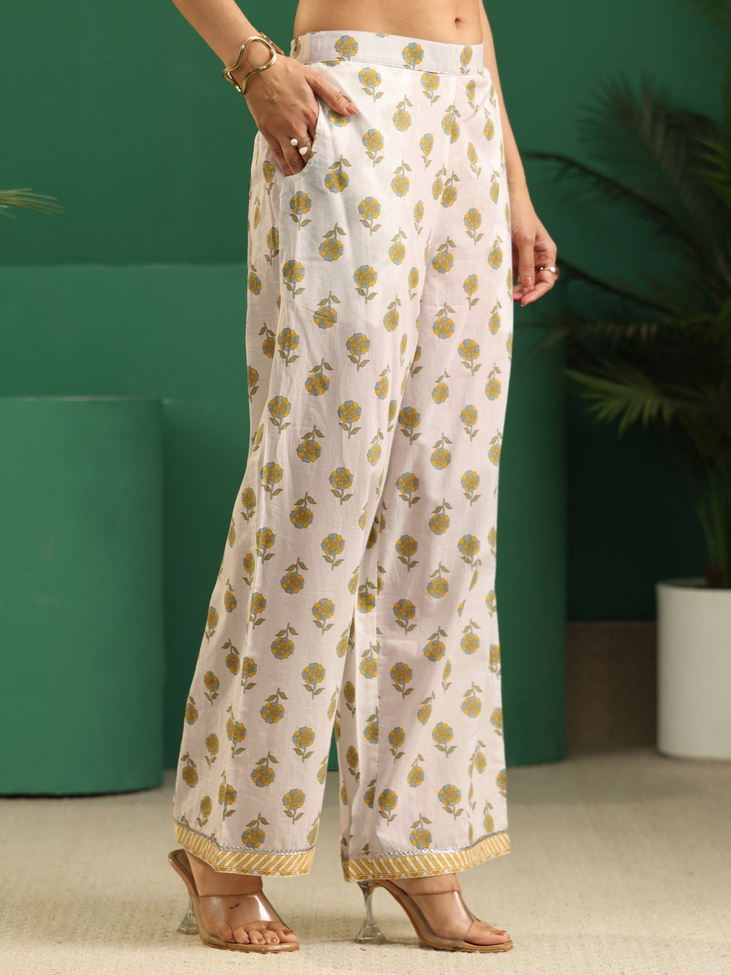 sanjhshringar White Floral Printed Cotton Anarkali Suit Set