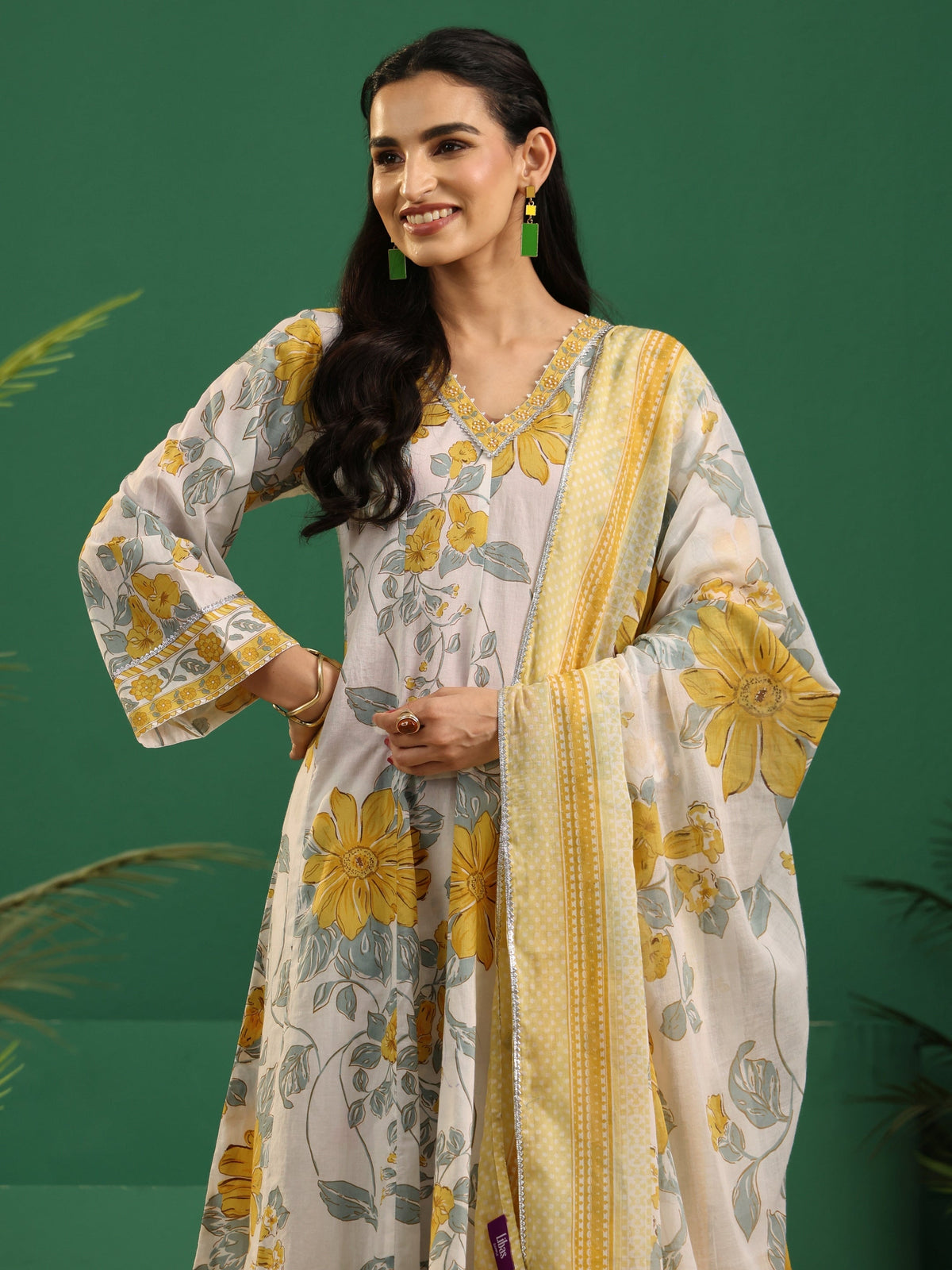 sanjhshringar White Floral Printed Cotton Anarkali Suit Set
