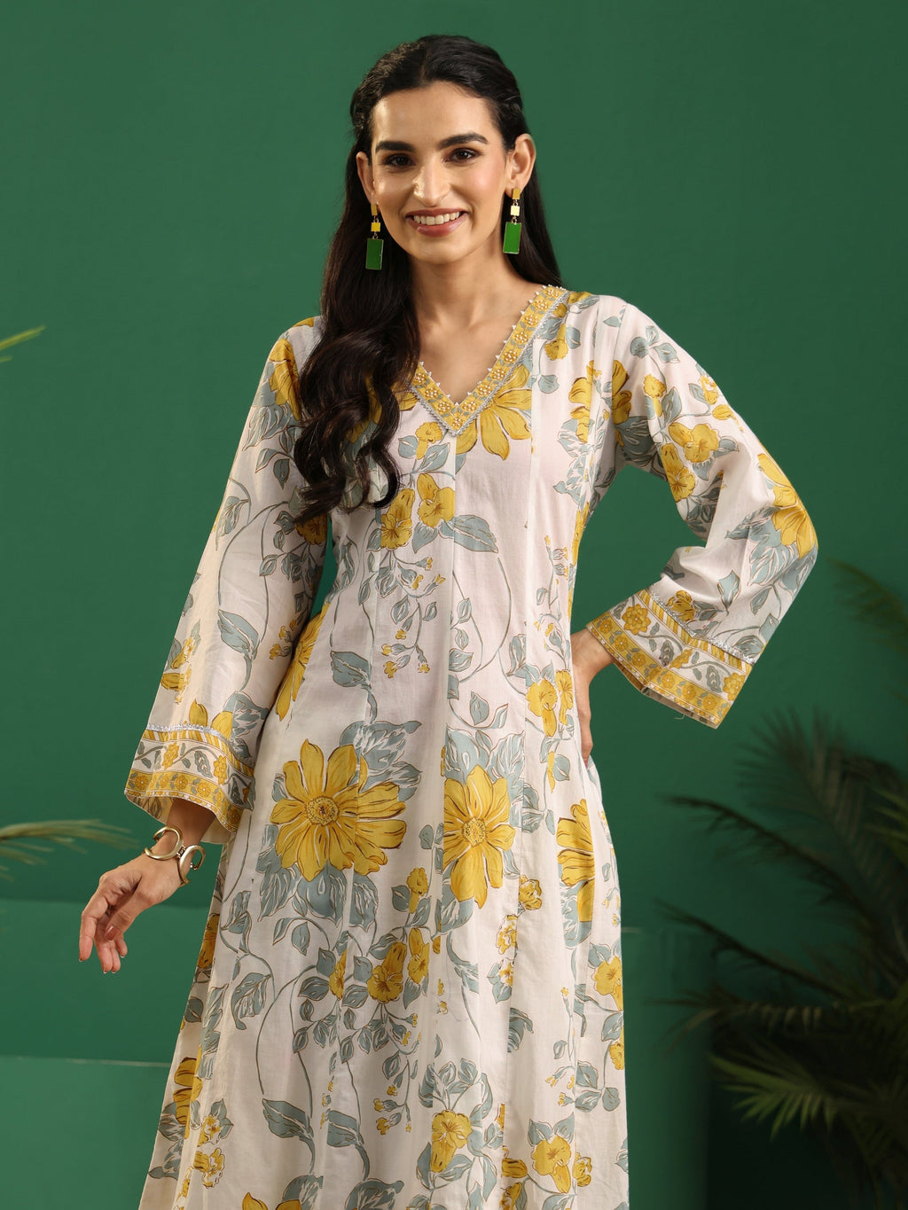 sanjhshringar White Floral Printed Cotton Anarkali Suit Set