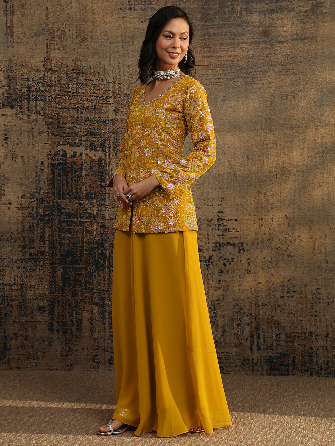 sanjhshringar Art Mustard Embroidered Georgette A-Line Suit Set With Dupatta