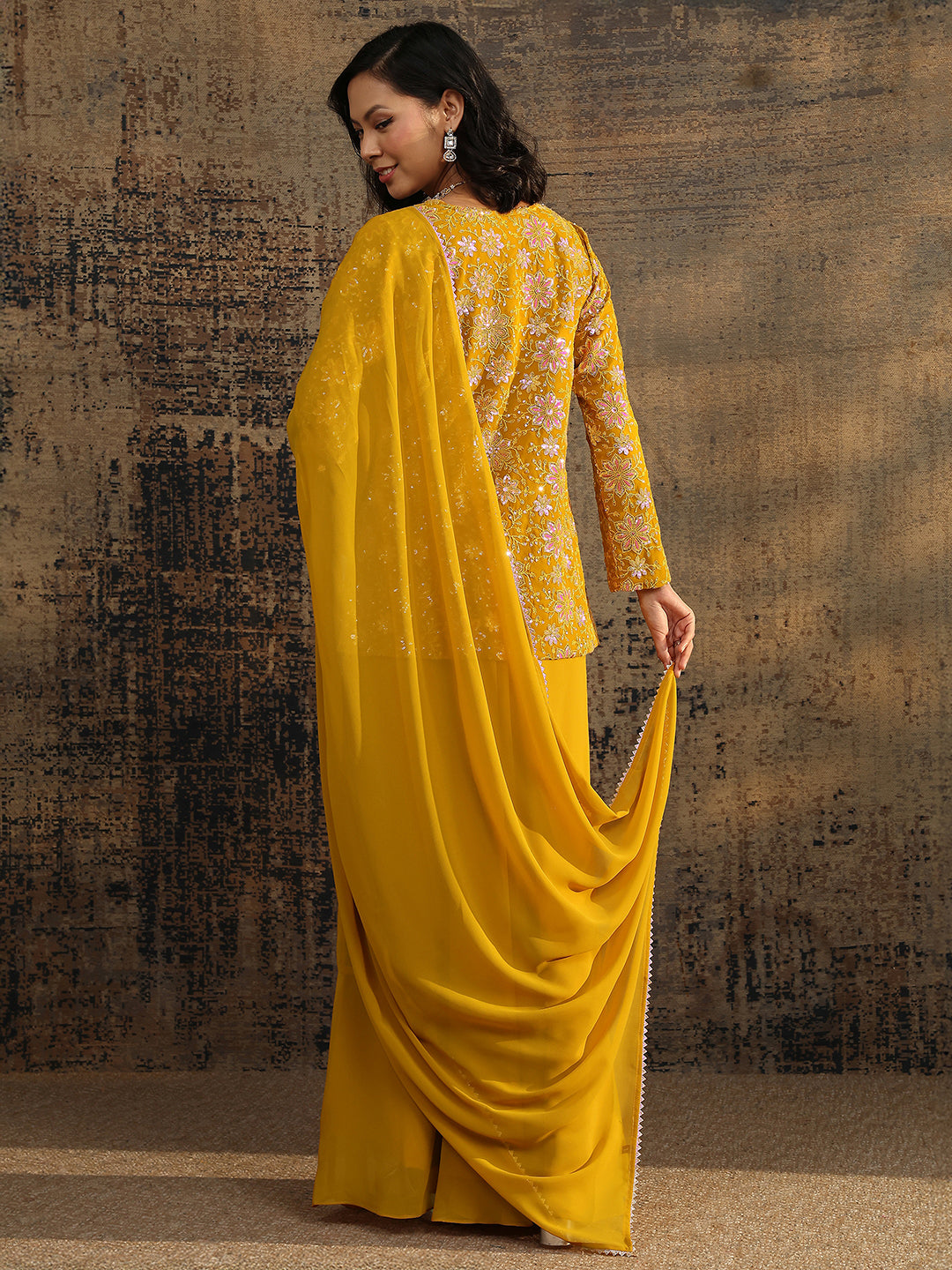 sanjhshringar Art Mustard Embroidered Georgette A-Line Suit Set With Dupatta