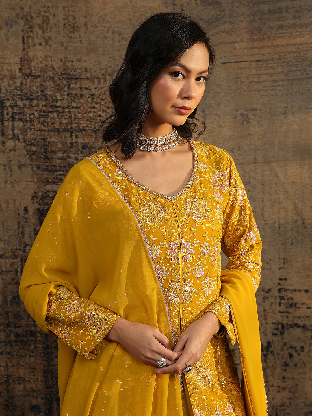 sanjhshringar Art Mustard Embroidered Georgette A-Line Suit Set With Dupatta
