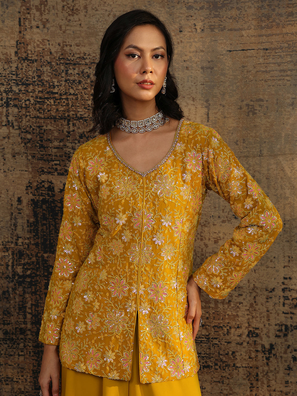 sanjhshringar Art Mustard Embroidered Georgette A-Line Suit Set With Dupatta