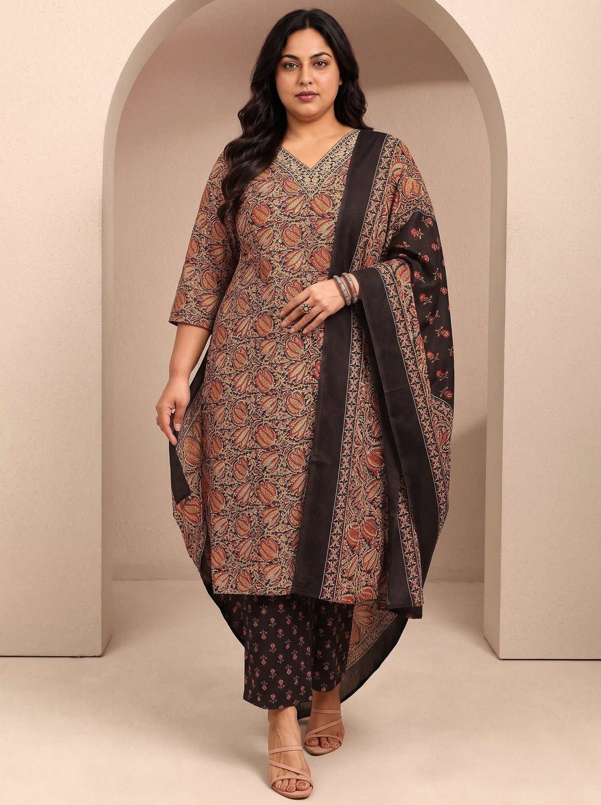 Plus Size Black Printed Cotton Blend Straight Suit Set With Dupatta