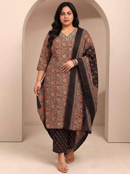 Plus Size Black Printed Cotton Blend Straight Suit Set With Dupatta