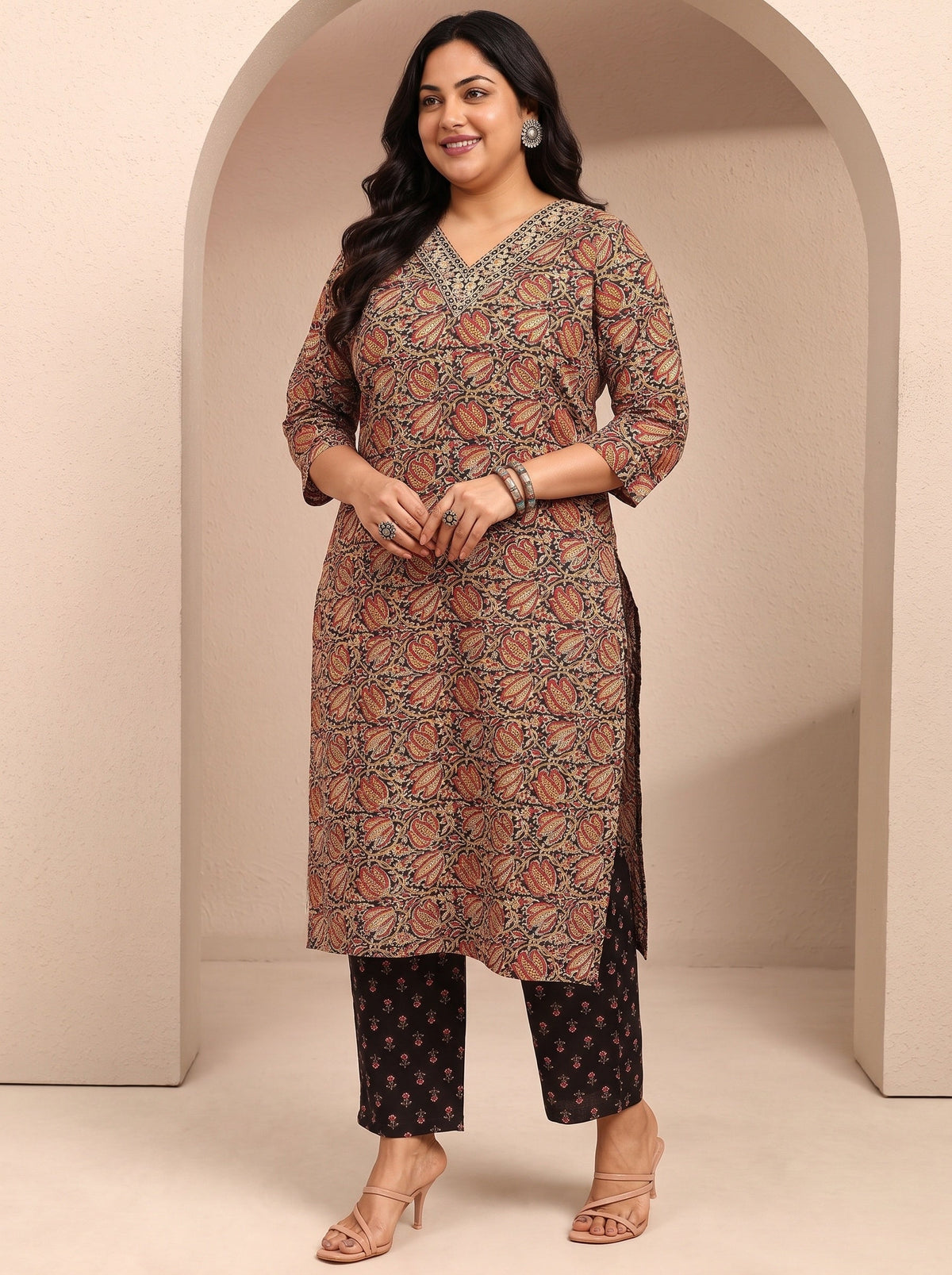 Plus Size Black Printed Cotton Blend Straight Suit Set With Dupatta