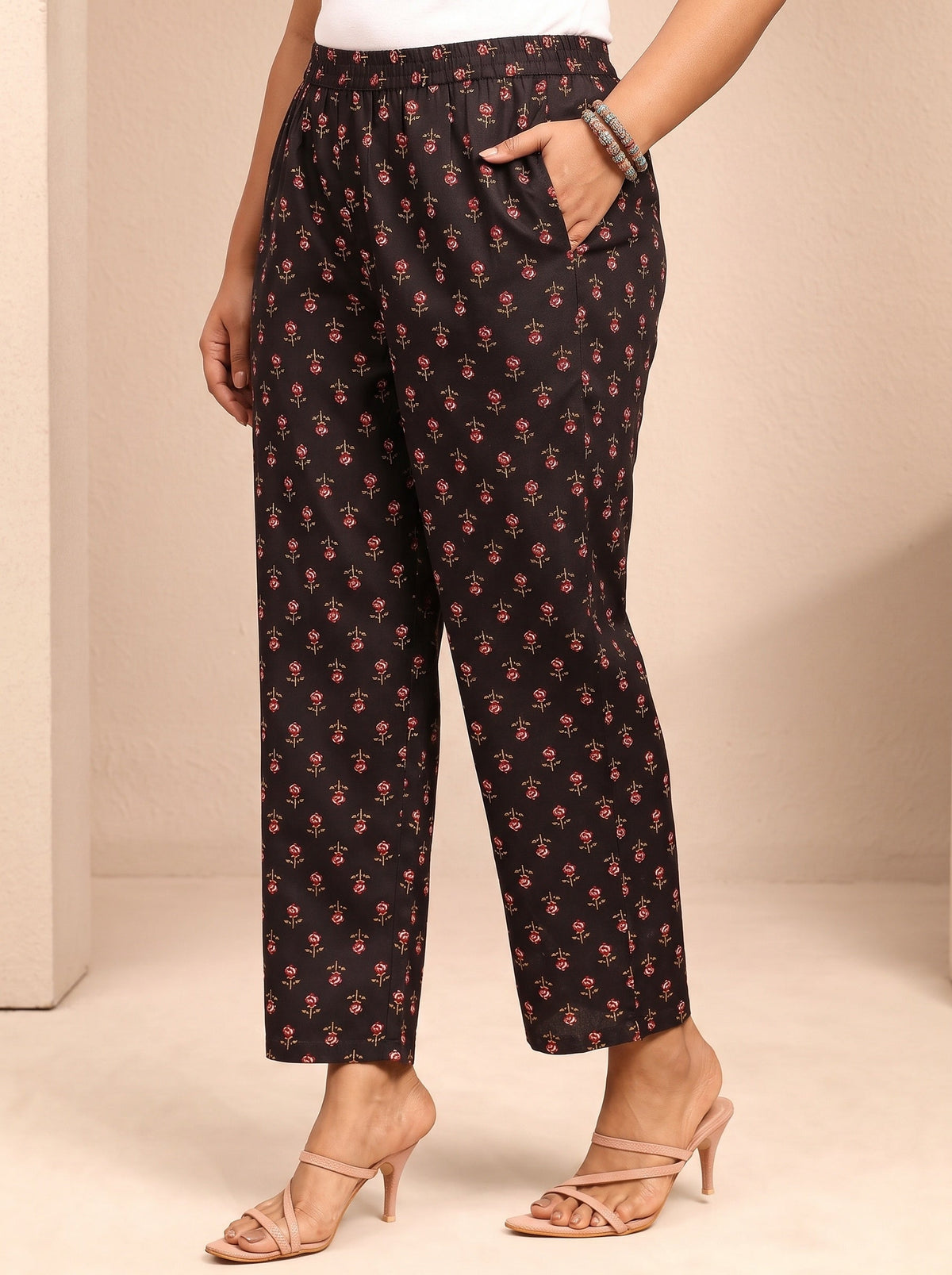 Plus Size Black Printed Cotton Blend Straight Suit Set With Dupatta