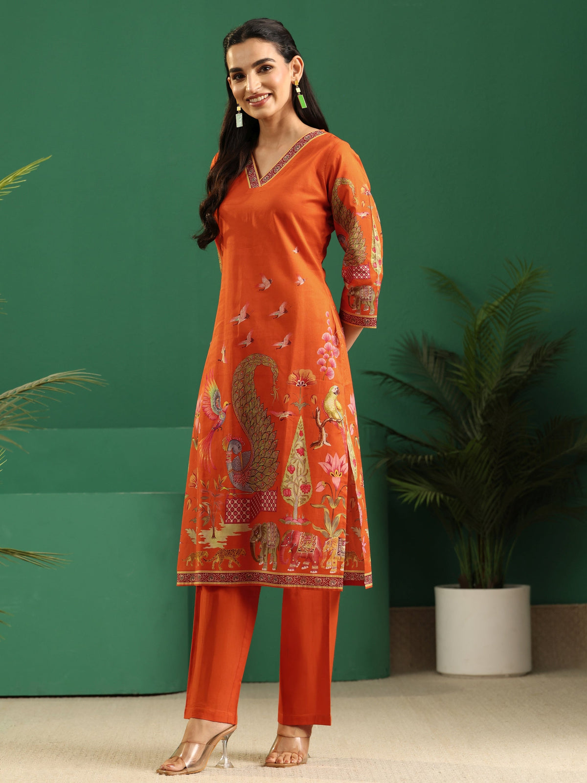 sanjhshringar Orange Heritage Print Cotton Straight Suit Set