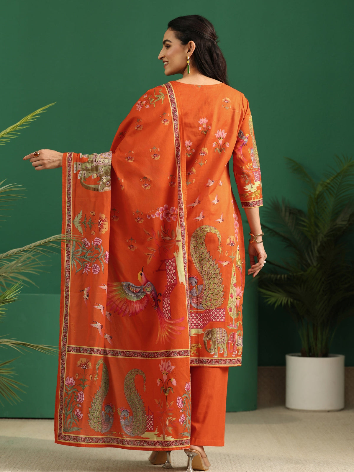 sanjhshringar Orange Heritage Print Cotton Straight Suit Set