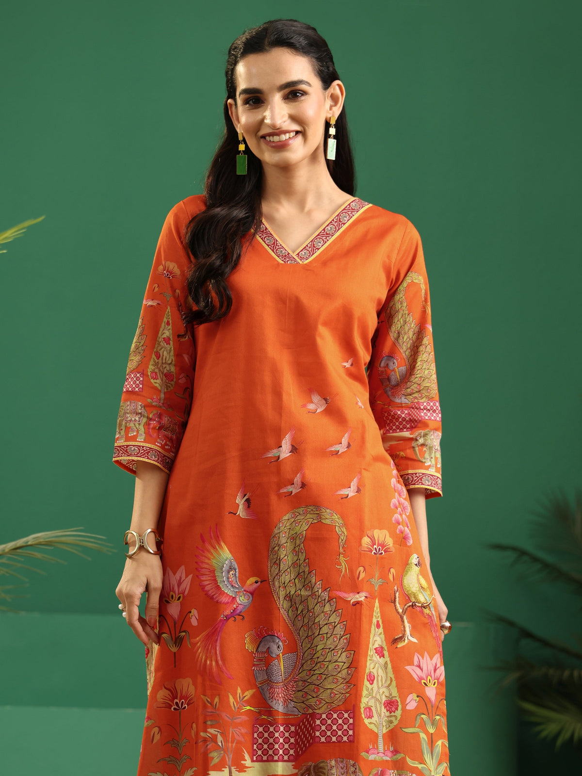 sanjhshringar Orange Heritage Print Cotton Straight Suit Set