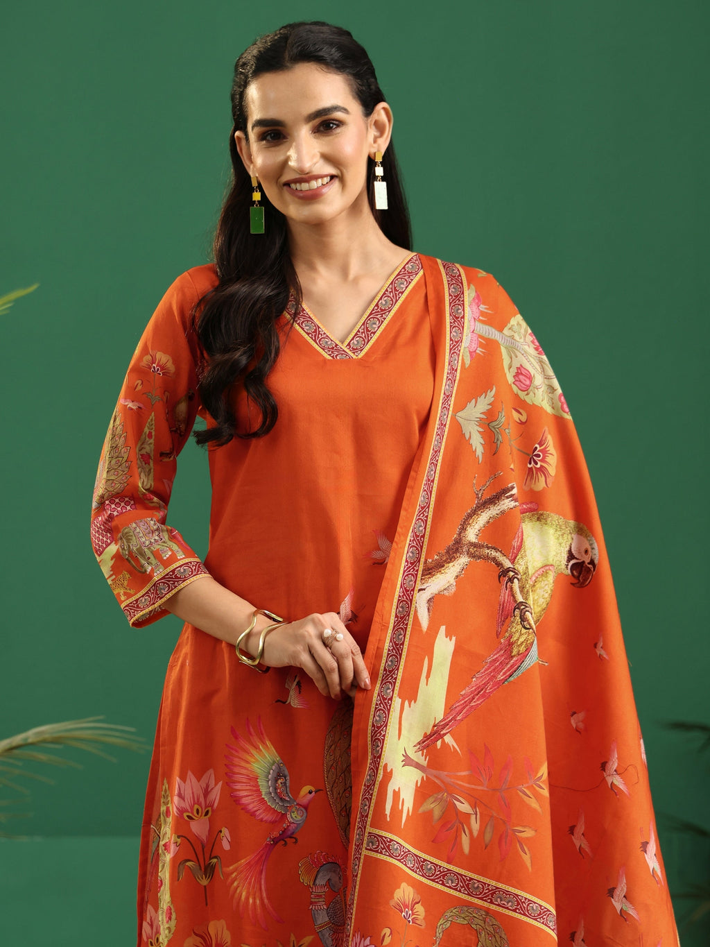sanjhshringar Orange Heritage Print Cotton Straight Suit Set