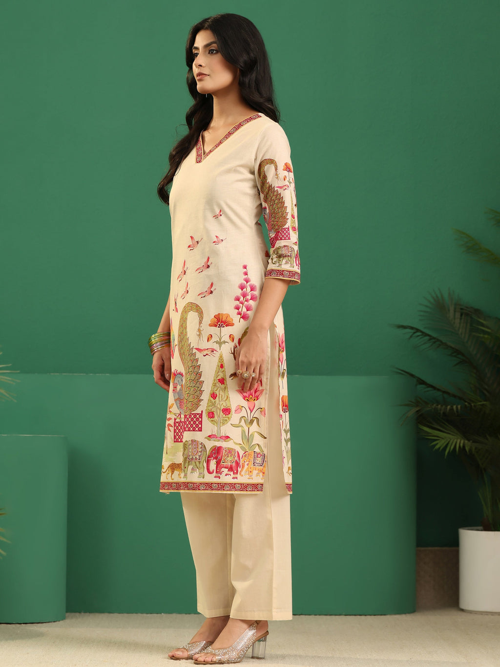 sanjhshringar Cream Heritage Print Cotton Straight Suit Set