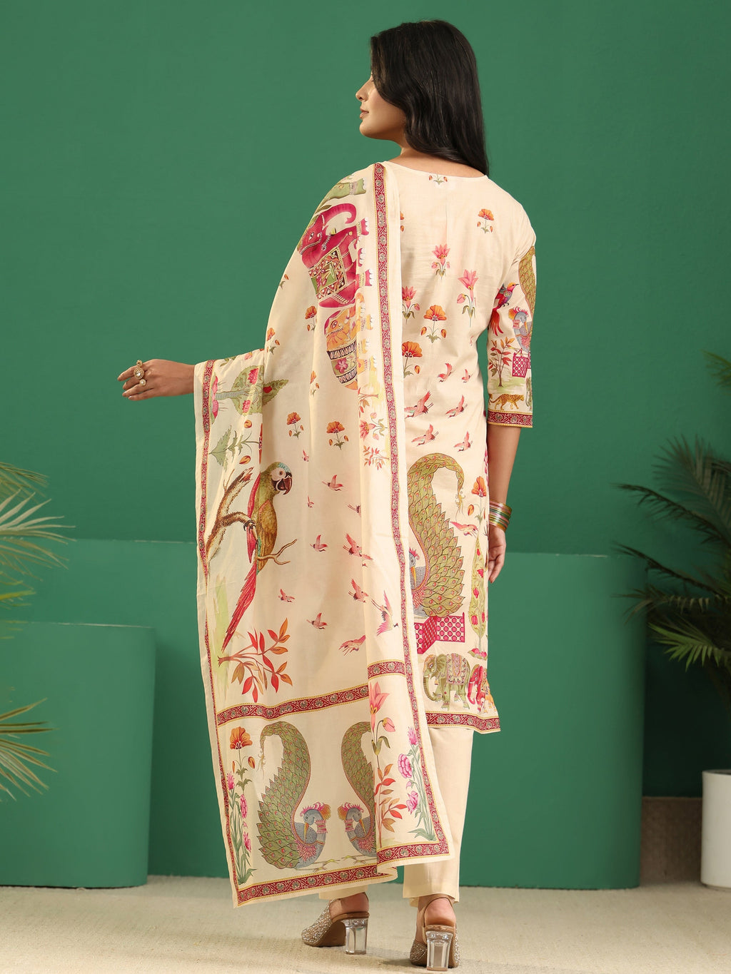 sanjhshringar Cream Heritage Print Cotton Straight Suit Set
