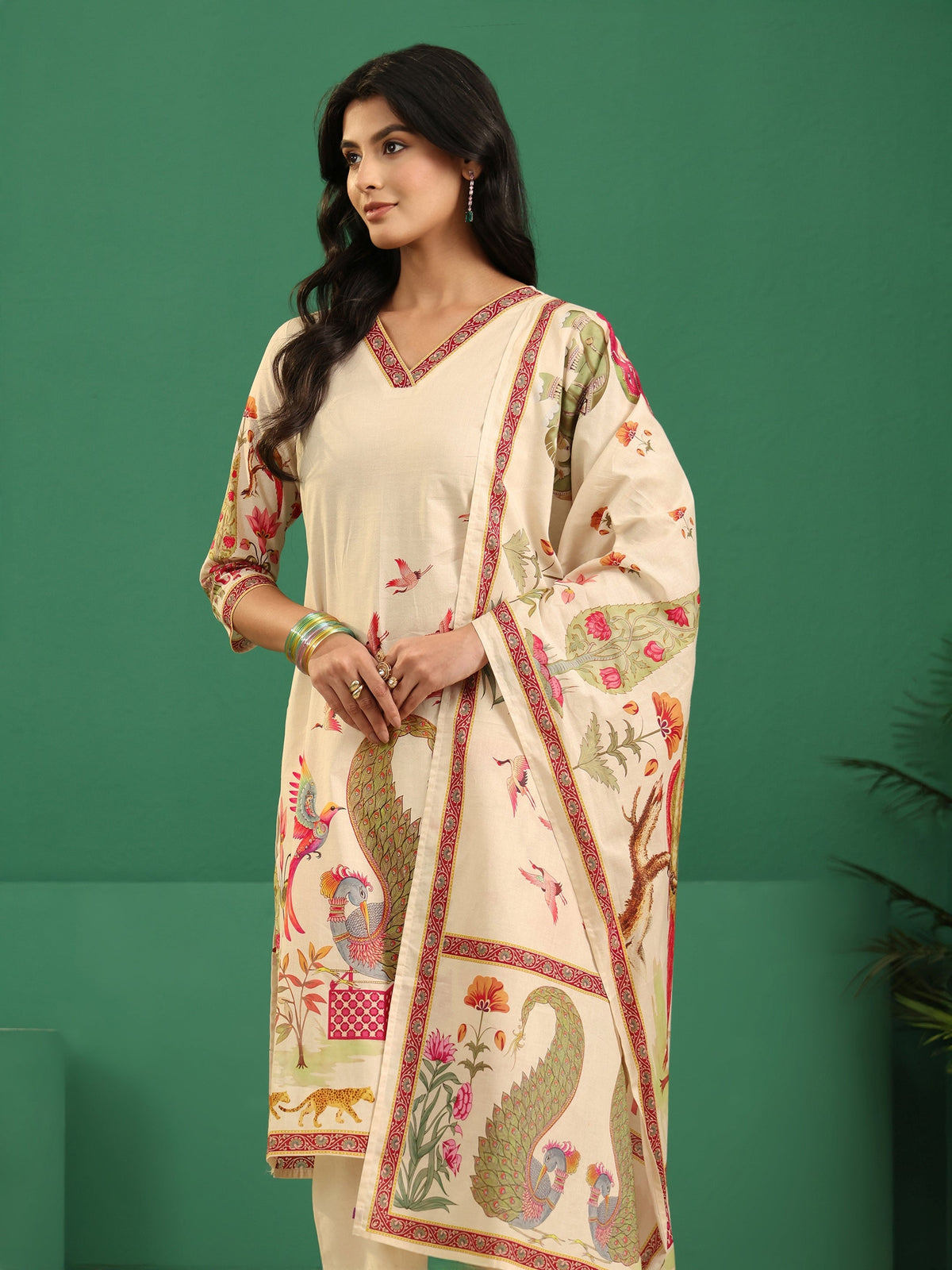 sanjhshringar Cream Heritage Print Cotton Straight Suit Set